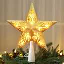 Brizled Gold Christmas Tree Topper, 8” 3D Christmas Star Topper, Glittered Hollow Xmas Tree Topper with 10 Warm White Lights, UL Certified Lighted Xmas Star Treetop for Holiday Home Decoration