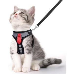 NCMAMA Cat Harness and Leash Set for Walking Escape Proof, Soft Adjustable Kitten Harness Breathable Mesh with Reflective Strips Harness for Kitty Puppy Bunny (Black, Large)