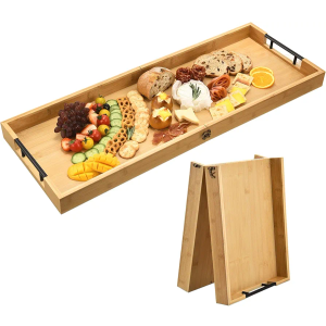 Large Charcuterie Board with Handles, 32 x 12 Inch Foldable Bamboo Serving Cheese Boards - Serving Platter for Meat, Party Appetizers, Outdoor & Fruit