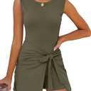 Women Summer Sleeveless Bodycon Tie Cinched Waist Romper Skort Mini Dress Built in Shorts Night Out Vacation Dress, Medium
