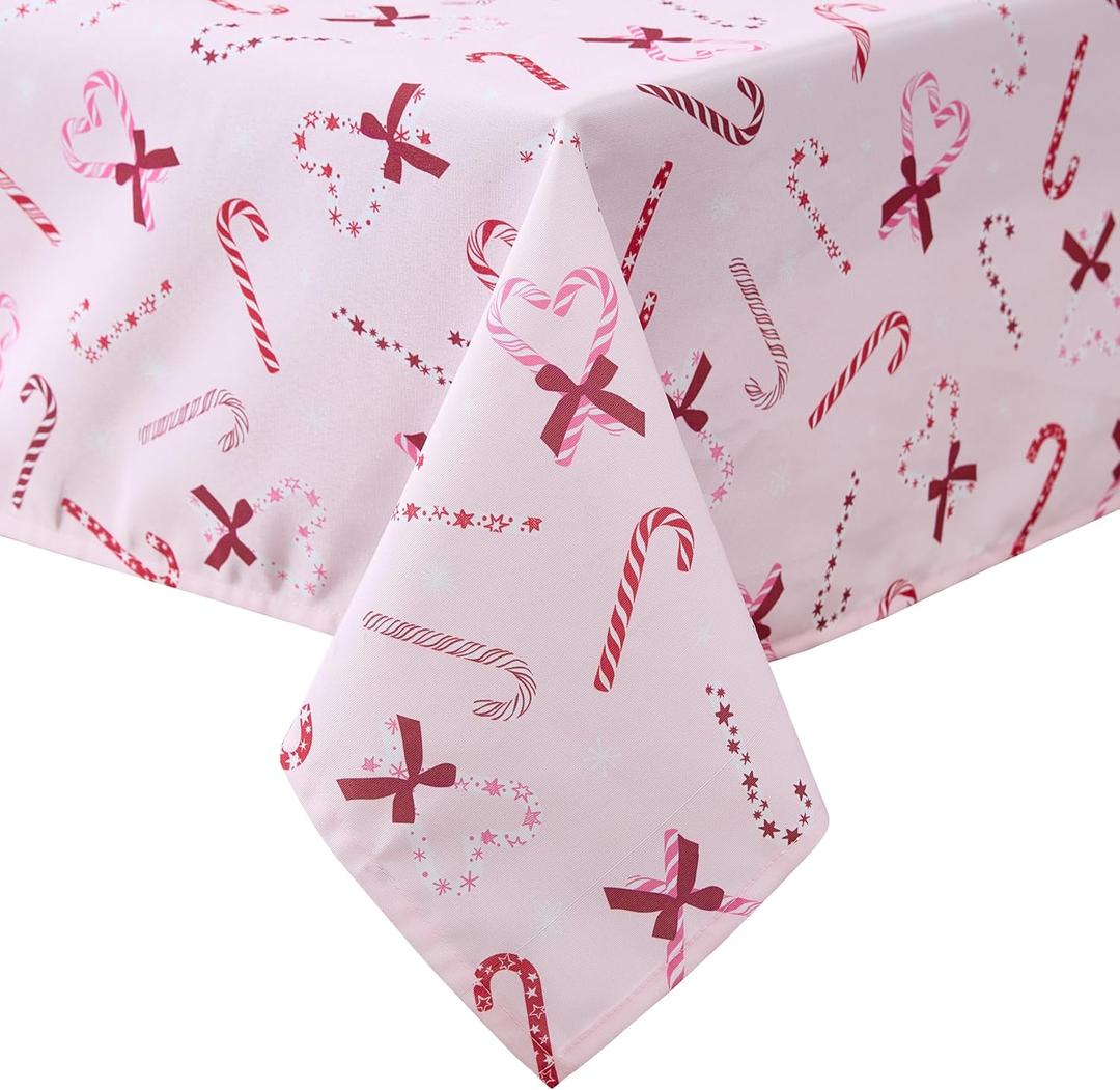 Laura Ashley Decorative Tablecloth, Wrinkle and Stain Resistant, Spillproof Water Repellent, Easy Care Washable Polyester Fabric for Dining, Kitchen, Holiday and Party, 60" x 102", Pink Candy Cane