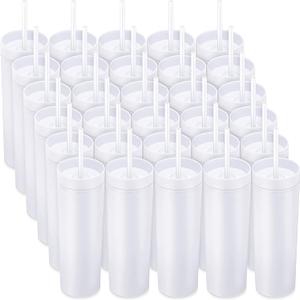 Pack of 30 Skinny Tumbler with Lids and Straws 16 oz Matte Colored Acrylic Tumblers Double Wall Plastic Tumbler Cups Skinny Travel Cup Reusable Cup for Parties Birthday Home Office (White)