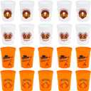 24 Pack Thanksgiving Cups - 16oz Orange & White Plastic Fall Party Cups with Autumn Pumpkin and Turkey Designs, Perfect for Friendsgiving and Holiday Celebrations