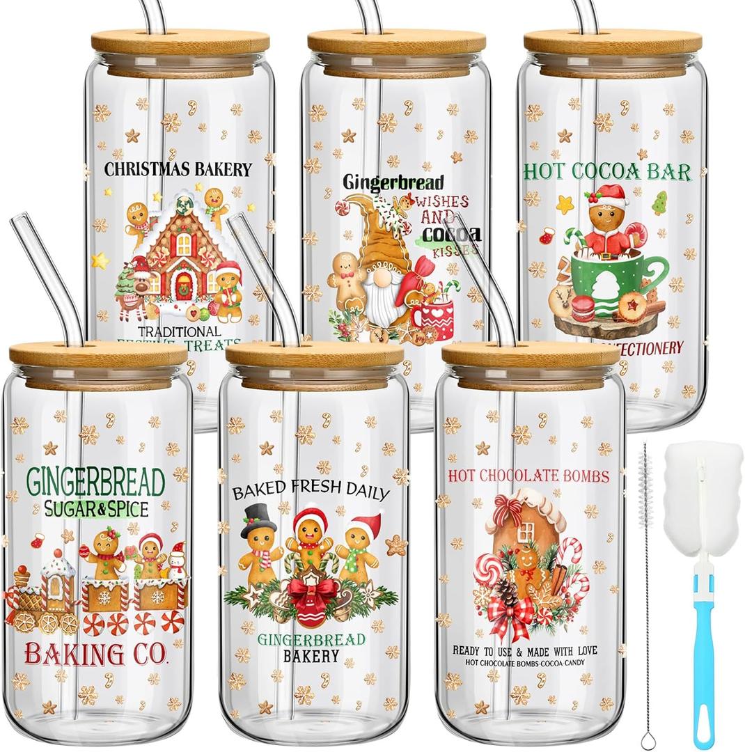 Yetene 6 Set Christmas Glasses Cups with Bamboo Lid and Glass Straw 16 oz Gingerbread Man Christmas Drinking Cup Beer Iced Coffee Cup Xmas Tumbler Mugs for Women Men Holiday Party Office Gifts