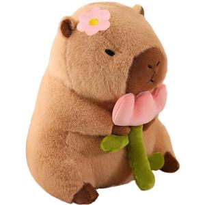 Capybara Plush Holding Flower 11 inch Cute Tulip Capibara Stuffed Animal Valentine's Day Plushies Toys Kawaii Gifts for Kids Brown
