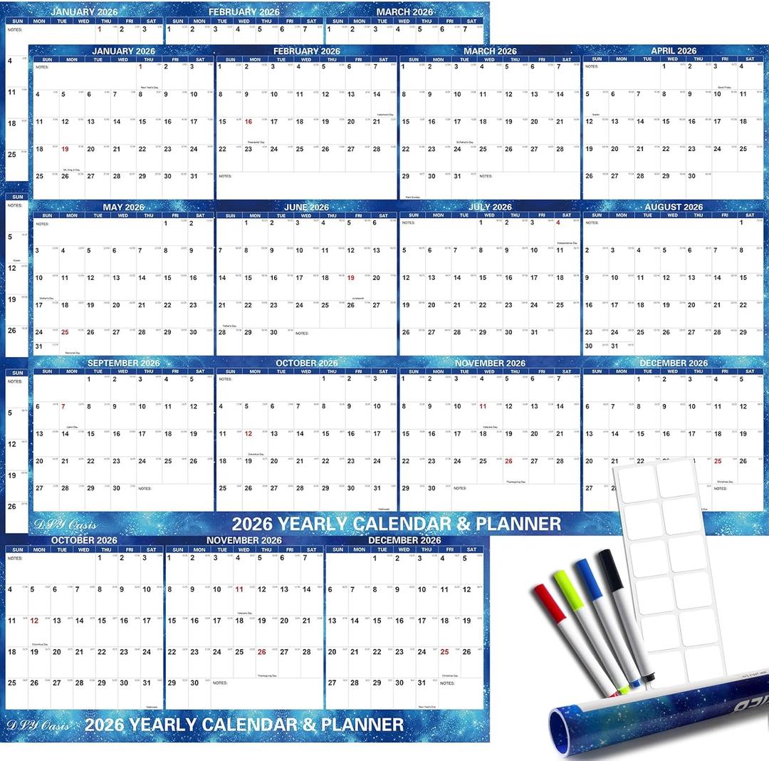 32" x 48" 2026 Wall Calendar Dry Erase - Large Starry Sky Calendar Wet & Dry Erasable Laminated 12 Month Annual Yearly Planner, Reversible, Horizontal/Vertical, Blue