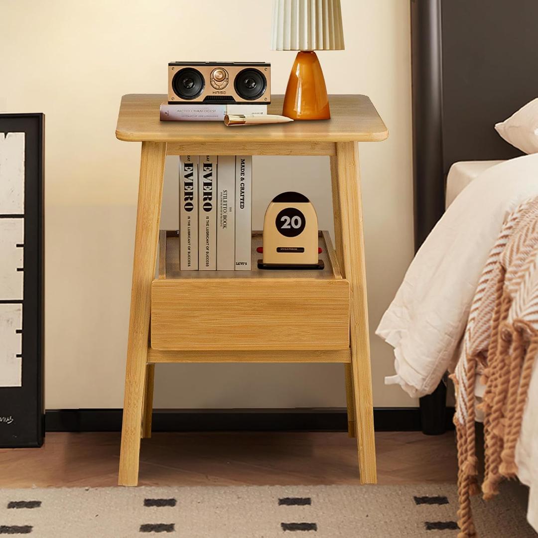 Night Stand with Drawer, Mid Century Modern Nightstand, Bedside Tables with Open Storage Shelf,Large Storage End Table, Bamboo Night Stands for Bedrooms