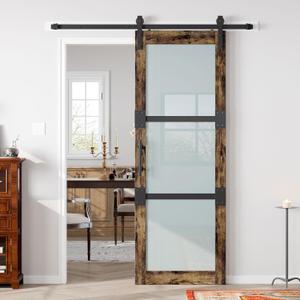 Fredbeck 30x84 Frosted Glass Barn Doors Aluminum Frame and 5.5ft Hardware Kit Included, Waterproof PVC Coating,Pre-Drilled Ready to AssembleBrown, 3-PanelsModern Interior Sliding Doors with Glass