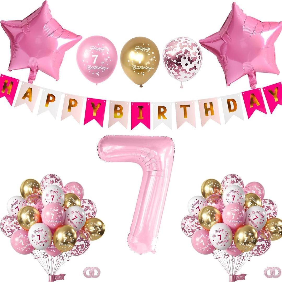 Pink 7th Birthday Decorations for Girls Including Happy Birthday Banner, Number 7 Foil Balloon, 2pcs Star Balloons and 16pcs Happy 7th Birthday Confetti Latex Balloons, Girl Birthday Party Favors