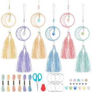 INFUNLY 6 Set Small Moon Dream Catcher Kit for Beginners Handmade Dreamcatcher Charm Kit DIY Macrame Making Kit for Adults Boho Dream Catcher with Crystal Pendants for Home Decortion Car Bag Hangings
