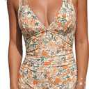 CUPSHE Women's One Piece Swimsuit Tummy Control Deep V Neck Double Straps Crisscross Back Tie Bathing Suit (Large, Beige/Floral)