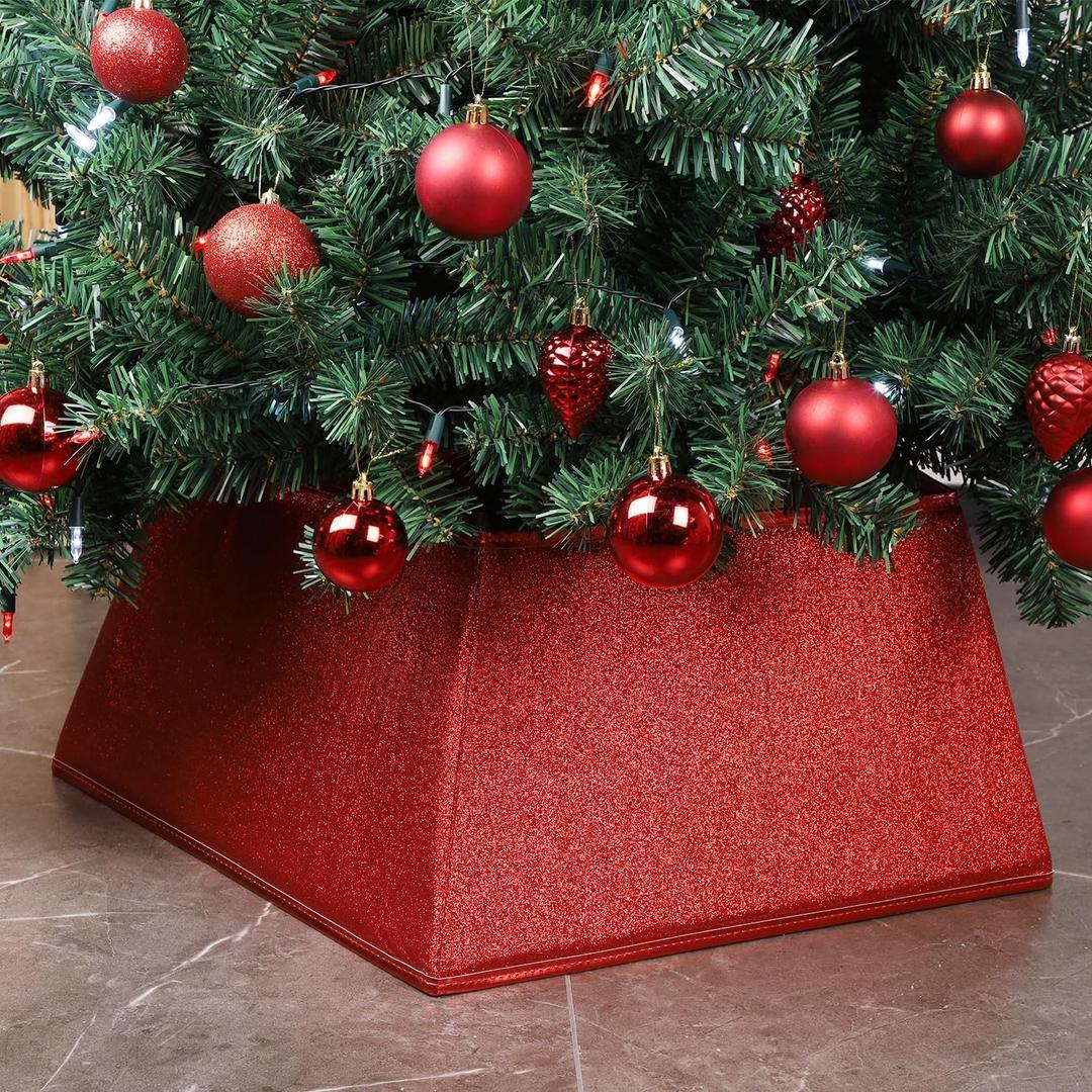 Blissun Fabric Christmas Collar, Square Tree Ring, Glittering Willow Skirt for Christmas Decorations (Glitter Red)