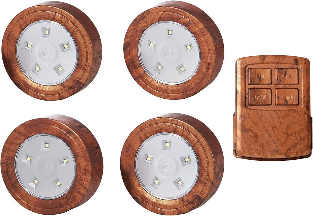 LED Puck Lights with Wireless Remote, Dimmable Under Cabinet Lights with Timer, Battery Operated - For Kitchen, Bedroom, Under Counter, Hallway, Stairs (4 Pack Elmwood)