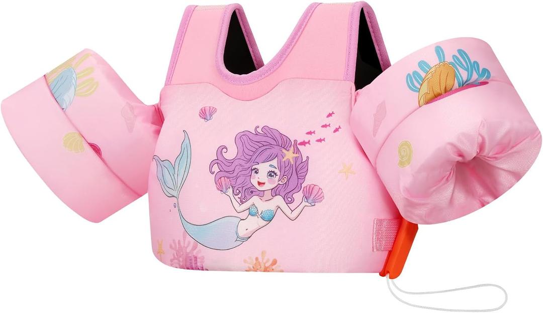 MoKo Toddler Swim Vest for Kids 13-30/20-50/22-66lbs, Swim Arm Floaties Cartoon Swimming Water Wings Pool Float Vests Sleeves Shoulder Straps Arm Band for Children Learn to Swim (Mermaid)