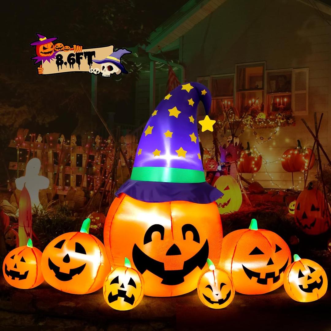 Halloween Inflatables Pumpkins Decoration with Hat, 8FT Outdoor Halloween Blow Up Pumpkins Decorations for Yard, Patio, Garden, Lawn Or Halloween Parties