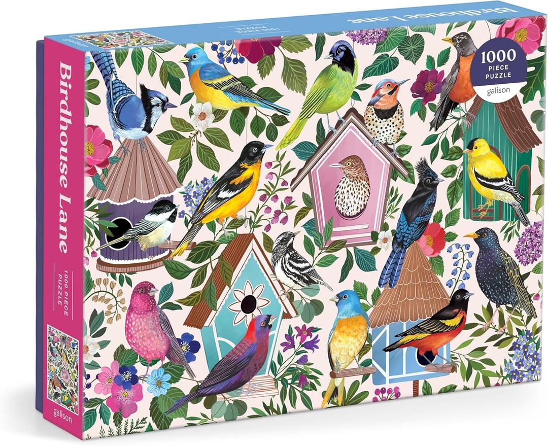Galison Birdhouse Lane  1000 Piece Jigsaw Puzzle Featuring Beautiful Artwork of Birds and Birdhouses