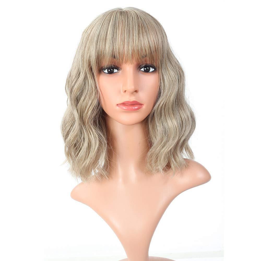 FAELBATY Blond Wig Short Bob Wigs With Air Bangs Shoulder Length Women's Wig Curly Wavy Synthetic Cosplay Wig for Girl Costume Wigs Mix Khaki Blonde Gold Color