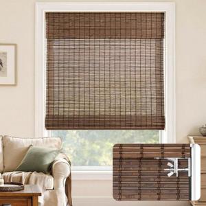 LazBlinds No Drill Bamboo Roman Shades, 38" W x 64" H, Malay Walnut | Cordless Light Filtering Natural Wood Blind, Privacy Protection, Room Darkening Bamboo Blinds for Windows