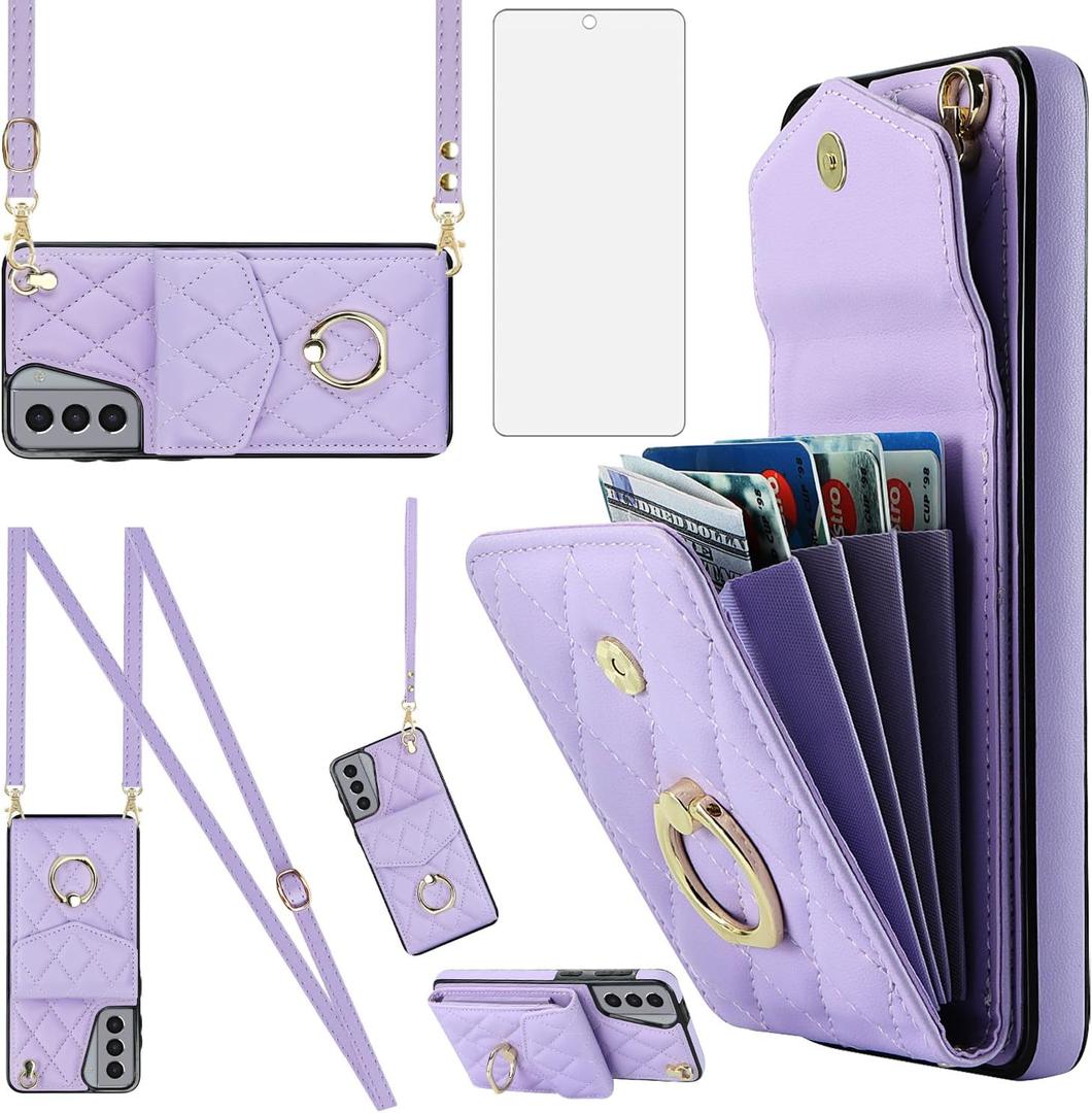 Asuwish Phone Case for Samsung Galaxy S21 5G 6.2 inch Wallet Cover with Tempered Glass Screen Protector and Wrist Strap Ring Stand RFID Blocking Credit Card Holder Cell S 21 21S G5 Women Girls Purple