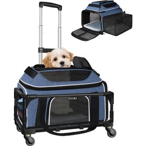 Petskd Top and Side Expandable Pet Carrier with Wheels 18x11x11 Inches Delta United Airline Approved, Soft-Sided Carrier for Small Cats and Dogs with Locking Safety Zippers and Anti-Scratch Mesh(Blue)