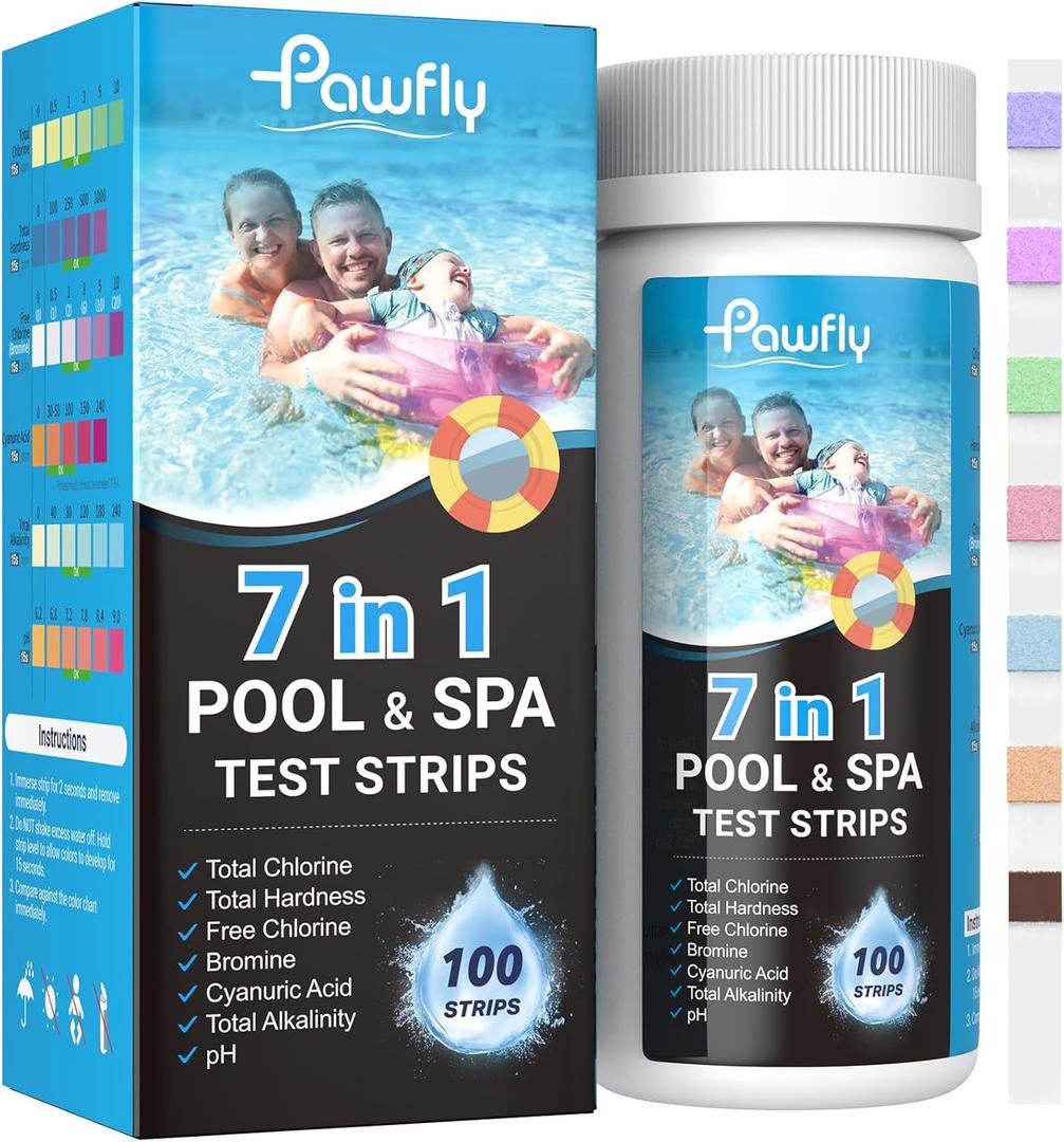 Pawfly 100 Pcs Pool Test Strips 7 in 1 Digital Water Testing Kit, Spa & Hot Tub Test Strips for pH, Total Hardness, Total Chlorine, Free Chlorine, Total Alkalinity, Cyanuric Acid & Bromine
