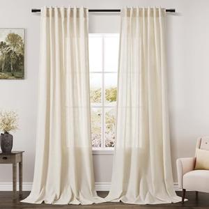 Nanspring Linen Curtains Semi Sheer Warm Beige 96 Inches Long 2 Panels Set for Living Room Back Tab Rod Pocket Light Filtering Drape for Bedroom Modern Farmhouse Coastal Decor Protect Privacy 52x96