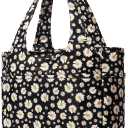 Scorlia Insulated Shoulder Bag, Extra Large Lunch Tote Handbag, Durable Reusable Cooler Ladies Lunch Box Bag with Side Pockets, Tall Drinks Holder for Women Men Work, Black with White Flower (Chrysanthemum)
