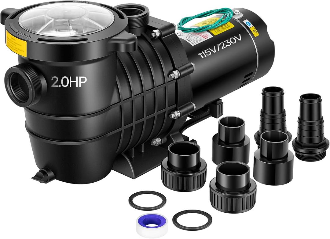 VIVOHOME 2.0HP Pool Pump - 115V/230V Self-Priming Motor - In-Ground/Above Ground - 6800GPH Energy Efficient - 1.5", 2", and 1.25"-1.5" Connectors w/Strainer Basket