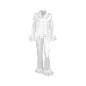 Valentine Pajamas Women Plus Size Satin Pajama Set Long Sleeve Button Loungewear Feather Sleepwear Pink L