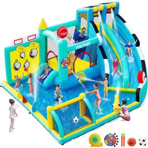 Bounce House Double Slides for Kids 3-10, Large Bounce Castle with Air Blower 550W, Pool, Jumping, Climbing, Balls, Ring Toss, Inflatable Water Park for Birthday Party Holiday Outdoor Indoor