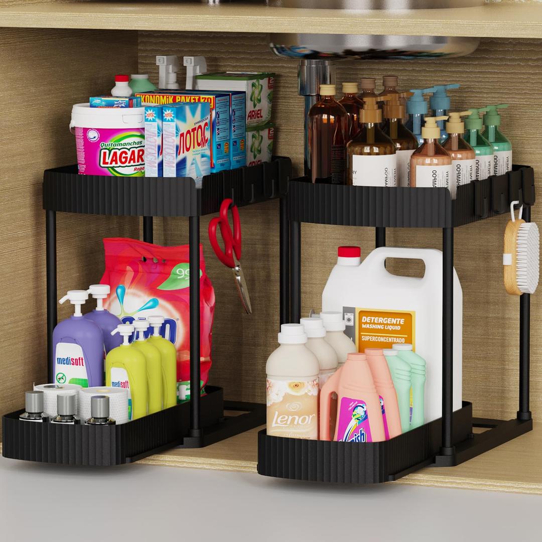 Multi-Purpose Pull-Out Storage Organizers, Under Sink/Cabinet Organizers and Storage for Bathroom & Kitchen, Black, 12.8 Inches.