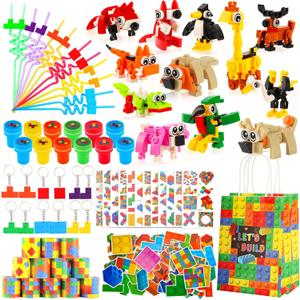 LiYiQ 134 Pcs Building Blocks Party Favors with Reusable Drinking Straws Animal Building Blocks Slap Bracelets Keychains Stamps Stickers and Gift Bags Gamer Birthday Party Supplies (Building)