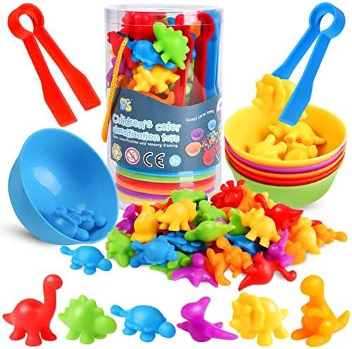 Skrtuan Counting Dinosaur Matching Toys with Sorting Bowls Montessori Preschool Educational Activities Learning Color Sorting Fine Motor Skills Sensory Toys Birthday Gift for 3 4 5 Year Old Boys Girls