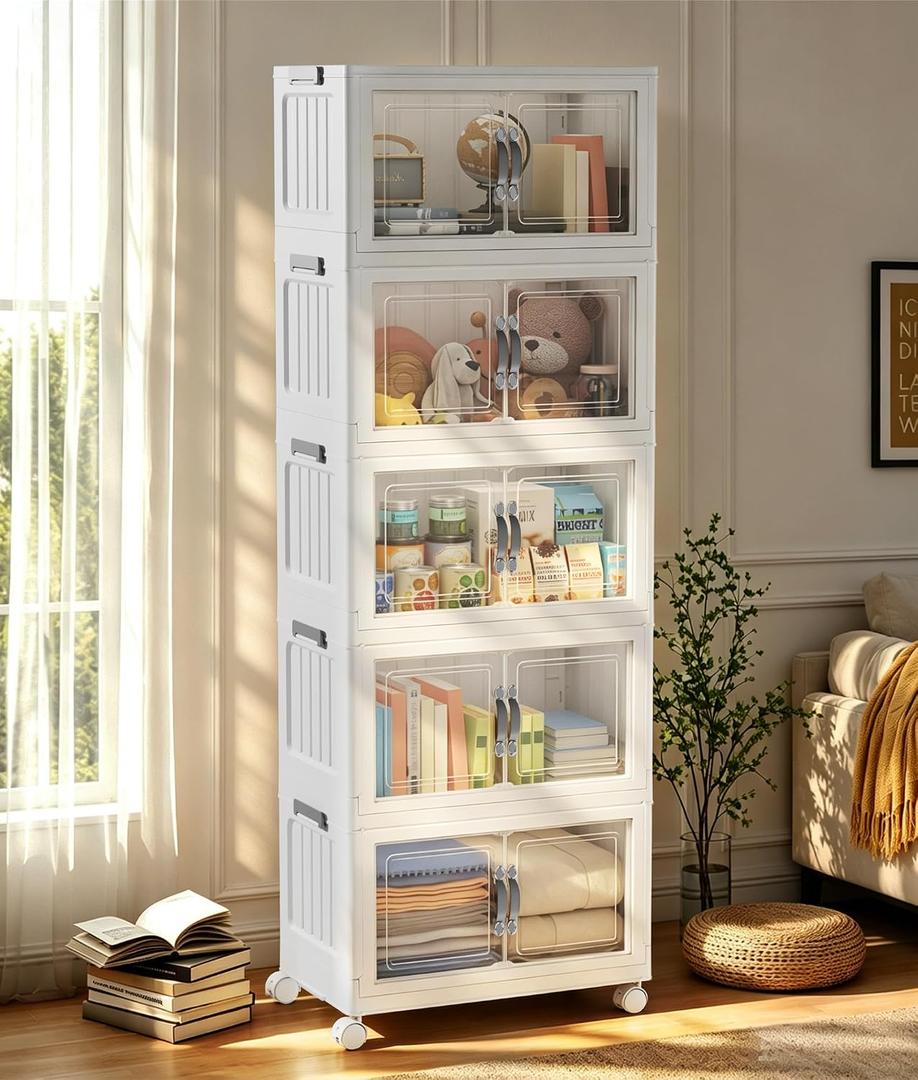 Hanyi 270 QT 5-Tier Stackable Storage Bins with Lids, Clear Doors, 4 Wheels