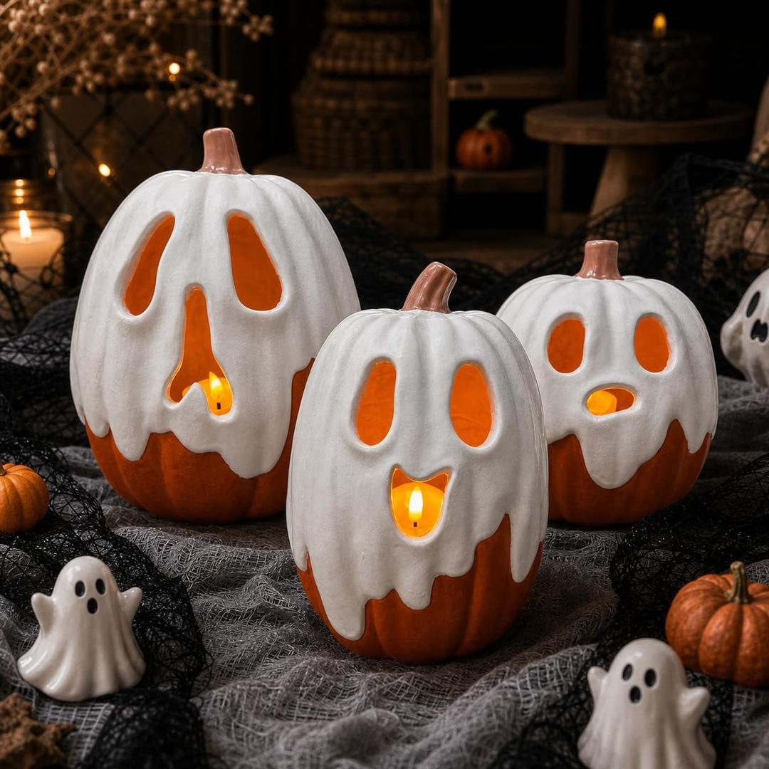 Halloween Decorations - 11" H Resin Ghost Pumpkin with Flameless Candle for Indoor Outdoor - Cute Spooky Decoration Tables Centerpieces Halloween Decor for Porch Home Front Door Mantel