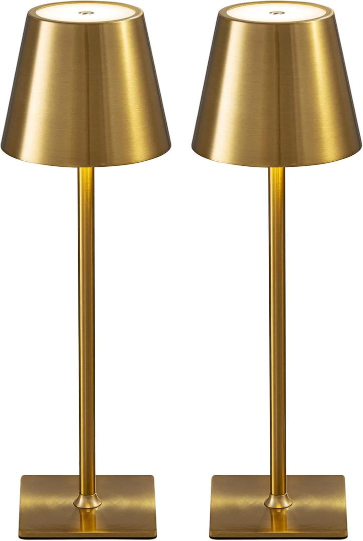 KDG 2 Pack Cordless Table Lamp,Portable LED Desk Lamp, 4000mAh Battery Operated, 3 Color Stepless Dimming Up, for Restaurant/Bedroom/Bars/Outdoor Party/Camping/Coffee Shop Night Light(Gold)