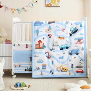 3-Piece Crib Bedding Set for Boys Girls - Ultra Soft & Skin Friendly Baby Bedding Set Includes Crib Comforter, Sheet & Crib Skirt(Vehicle) (Light Blue), 35x45 inches crib comforter, a 52x28x8 inches crib sheet suitable for standard crib, and a 52x28 inches crib skirt with a 14-inch hem