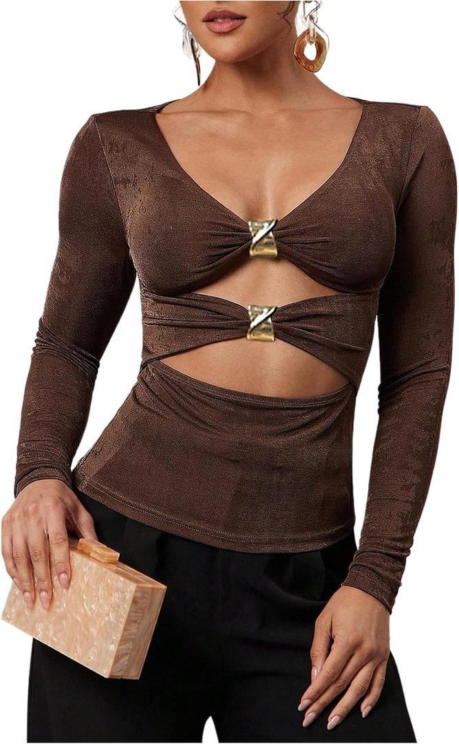 SOLY HUX Women's V Neck Cut Out T Shirt Long Sleeve Ruched Tee Slim Fitted Going Out Tops (Brown, Large)