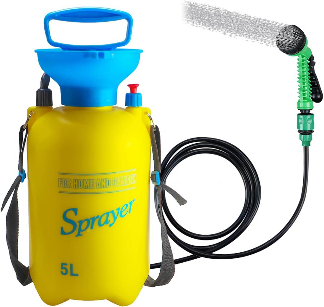 Finderomend Portable Shower for Camping with 7 Spray Modes, Hand Press Camping Shower with Removable Hose and Shower Head, Pressure Rinse Kits for Hiking Traveling Garden Beach Pet Shower (5L, Yellow)