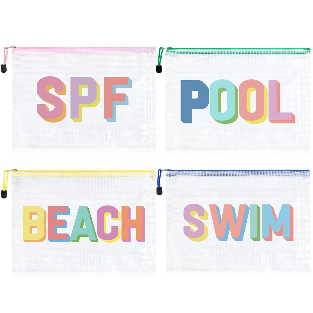 SOIDRAM 4PCS Beach Makeup Bags SPF Cosmetic Bags for Women Girls Summer Varsity Zipper Pouch Clear Waterproof Beach Toiletry Organizer Trendy PVC Makeup Bag for Travel Sandproof Essential
