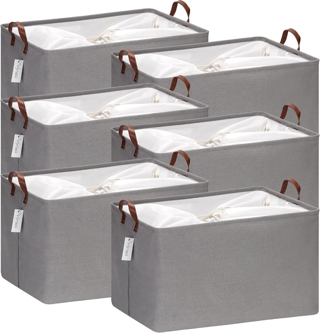 Hinwo 70L Extra Large Storage Bins, 6-Pack Closet Organizers and Storage, Foldable Clothes Storage Baskets with Handles, Containers for Clothing, Blanket, Comforters, Toys, Bedding (Gray)