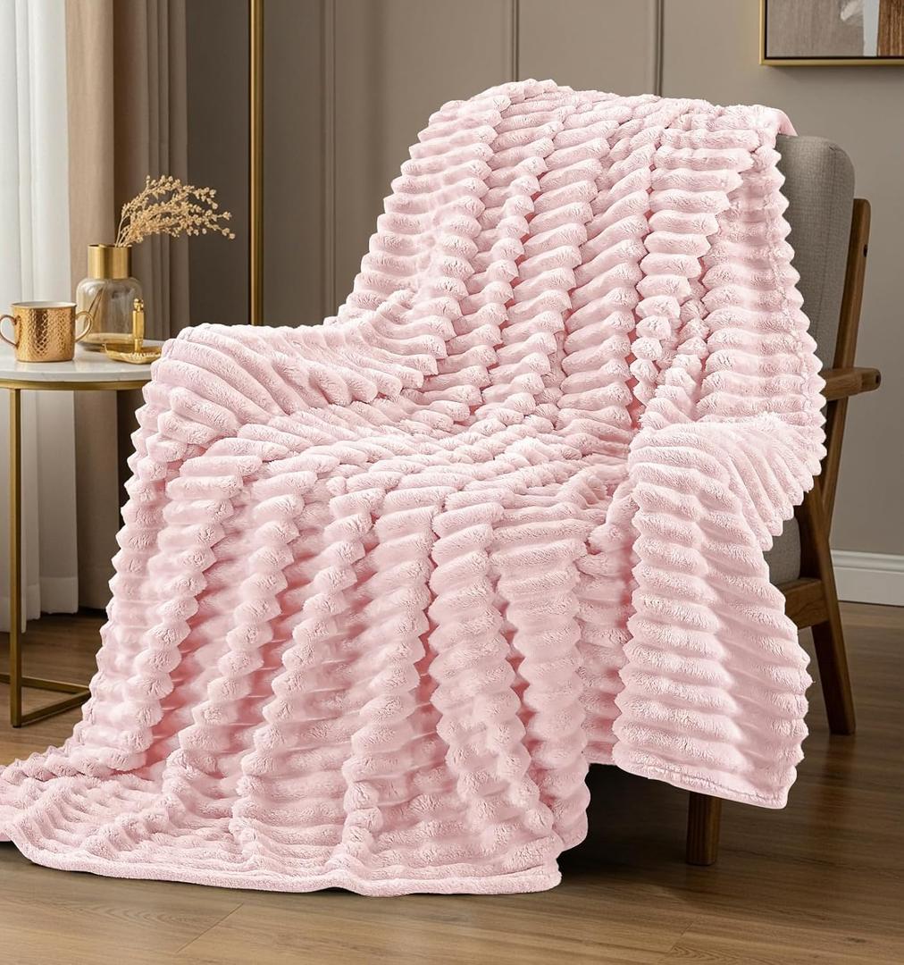 Utopia Bedding Pink Striped Fleece Blanket Throw Size Fluffy, Warm & Lightweight Ribbed Throw for Bed, Sofa & Chair - Soft Cozy Blanket for Home Dcor & Gifting (50x60 Inches)