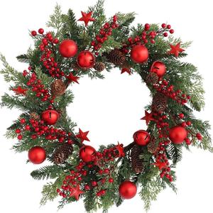 Christmas Red Wreaths for Front Door 20 Inches, Xmas Farmhouse Winter Wreath with Bells Balls Berry Stars for Window Outdoor Outside, Artificial Holiday Rustic Wreath for Indoor Porch Decor