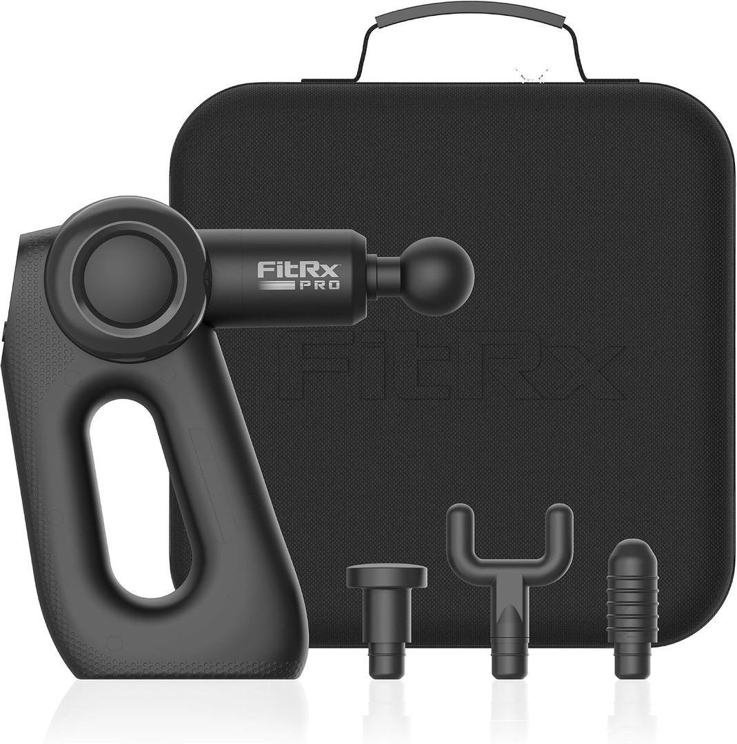 FitRx Handheld Therapeutic Percussion Massage Gun with 5 Speed Settings, 3 Arm Angles, and 4 Swappable Heads for Premium Back & Muscle Relief
