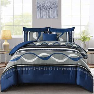Anibedding Comforter Set King Size,8 Pieces Navy Blue Boho Bed in a Bag Patchwork Striped Comforter Set, Soft Microfiber Bedding Set for All Season(104"90")