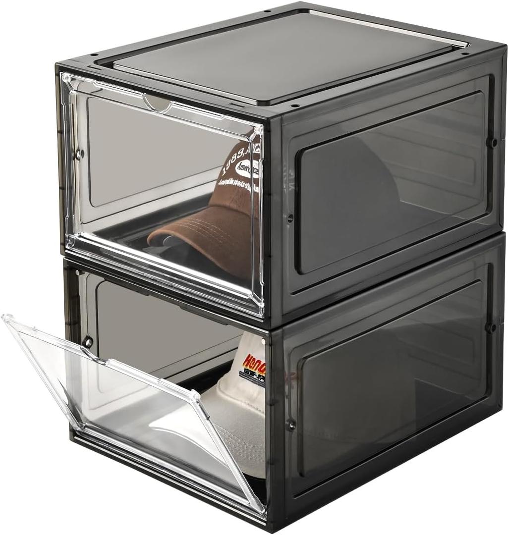 Hat Organizer Box, Stackable Clear Baseball Caps Holder Box Containers with Magnetic Door, Holds 20 Hats (Black Clear, 2 Pack)