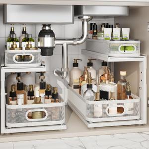 2 Pack 18.5IN-Depth Under Sink Organizer With Next-Gen Ball-Bearing Slides,2-Tier Precision Mesh Pull Out Cabinet Storage for Bathroom&Kitchen,Height Adjustable Drawers Shelf,Anti-rust-White