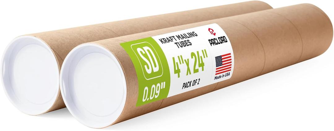4" x 24" Reinforced Kraft Paper Mailing Tube, Pack of 2 Tubes with 4 Caps – Secure USPS Approved Poster Tube – Made in USA Cardboard Tube for Shipping and Storing Posters, Prints, Artwork
