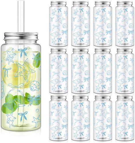 Vesici 12 Pack Beach Plastic Cups with Lid and Straw 13.5 oz Ocean Party Cup Clear Reusable Plastic Tumblers Bulk Blue Seashell Ocean Cold Drink Last Toast on The Coast for Summer Party Birthday