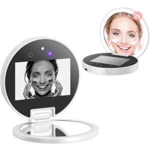 Vanexiss UV Camera for Sunscreen Test UV Mirror Sunscreen Camera, 3.8 Inch Rechargeable 2X Magnifying Vanity Mirror with Light Handheld Double-Sided Pocket Mirror for Skin Protection(White)